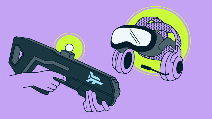 Illustration of VR gaming equipment, including a futuristic black and grey gun controller held by a hand in the foreground, and a VR headset with attached headphones and a microphone in the background, set against neon yellow-green circles.