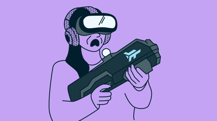 Illustration of a person wearing a VR headset and headphones, holding a futuristic black and grey gun controller with a blue logo, looking focused or perhaps slightly distressed while playing a game.