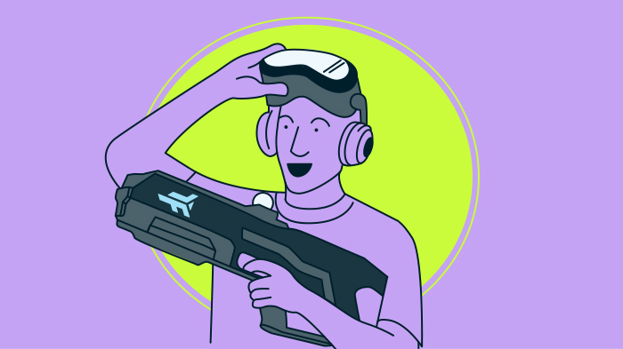 Illustration of a smiling person wearing a VR headset and headphones, holding a futuristic black and grey gun controller with a blue logo, and lifting the headset slightly as if taking a break or after a successful game.